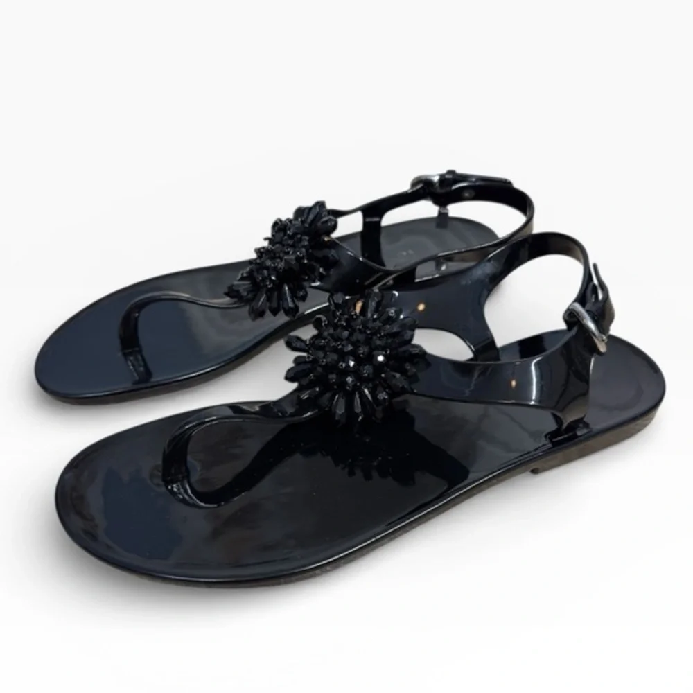 Coach Hilda Black Jelly Sandals Floral Beaded Accent Womens US 8 Summer Flats - Picture 1 of 9